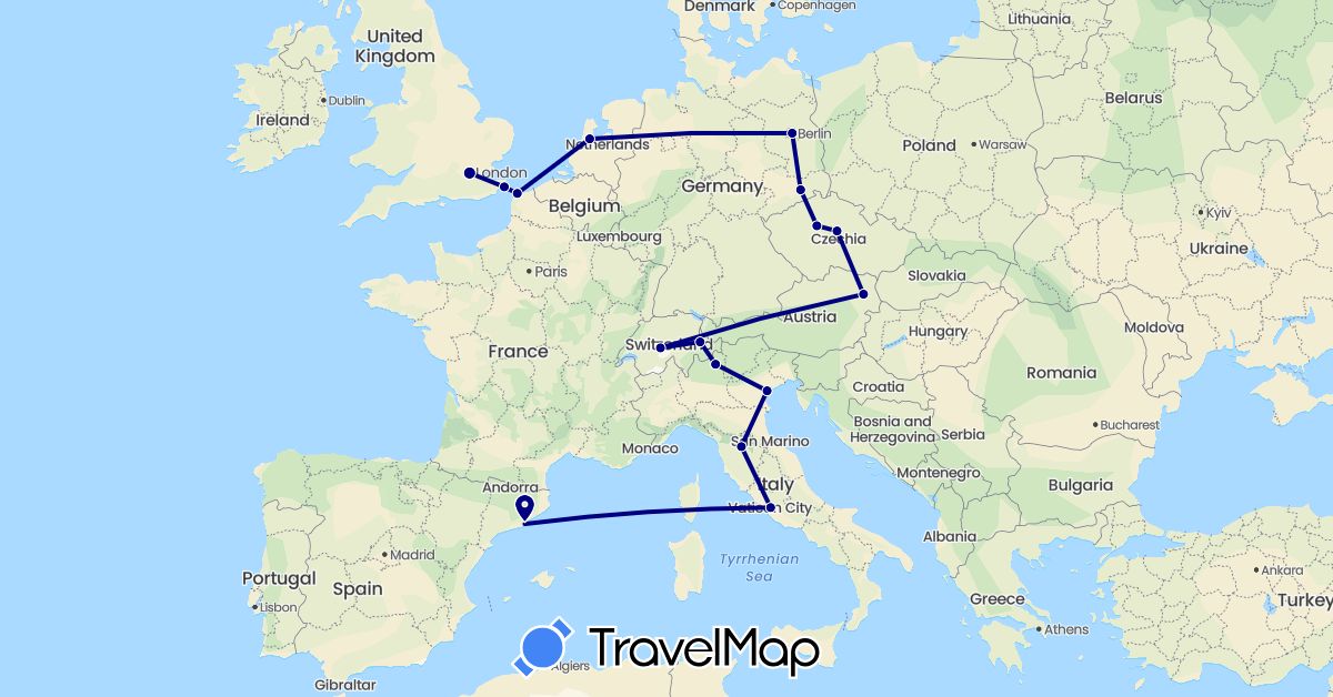 TravelMap itinerary: driving in Austria, Switzerland, Czech Republic, Germany, Spain, France, United Kingdom, Italy, Netherlands (Europe)